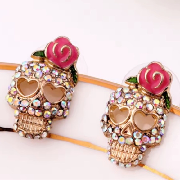 Pink Skull Skeleton Gold Crystal Earrings - Picture 8 of 13